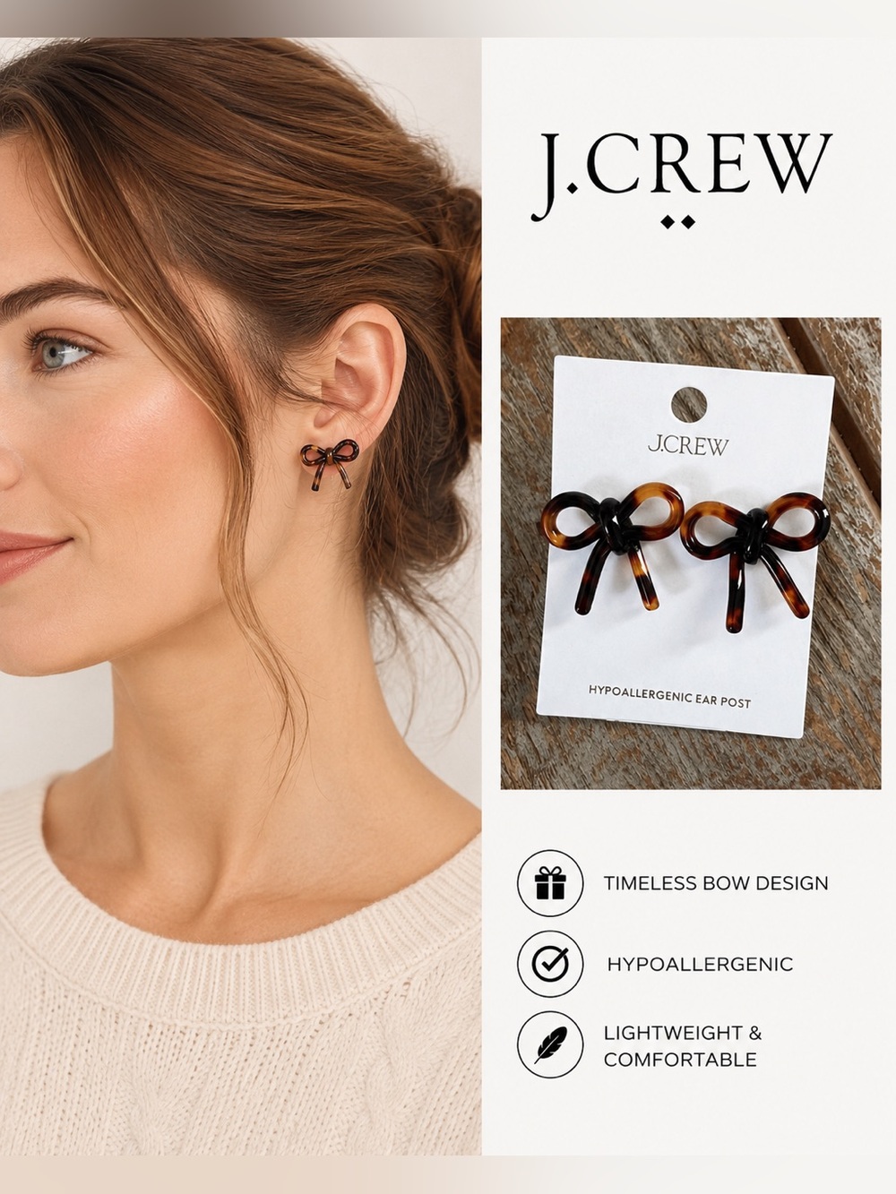 J.Crew Tortoise Shell Bow Earrings | Hypoallergenic Titanium Posts